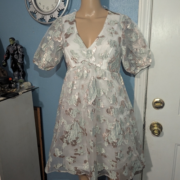 Audrey Park Cream Puff Sleeve V-Neck Mini Dress - Picture 3 of 7